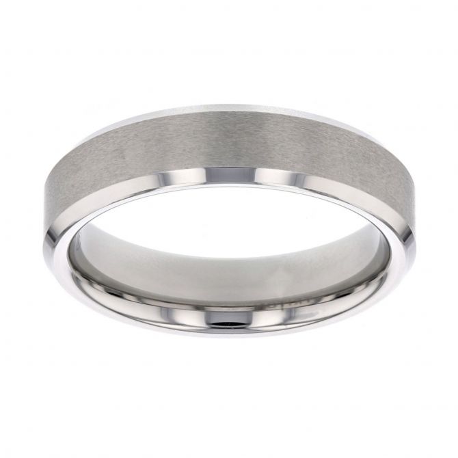 White Tungsten & Satin Finish Beveled Edge Comfort Fit Wedding Band, Size 8