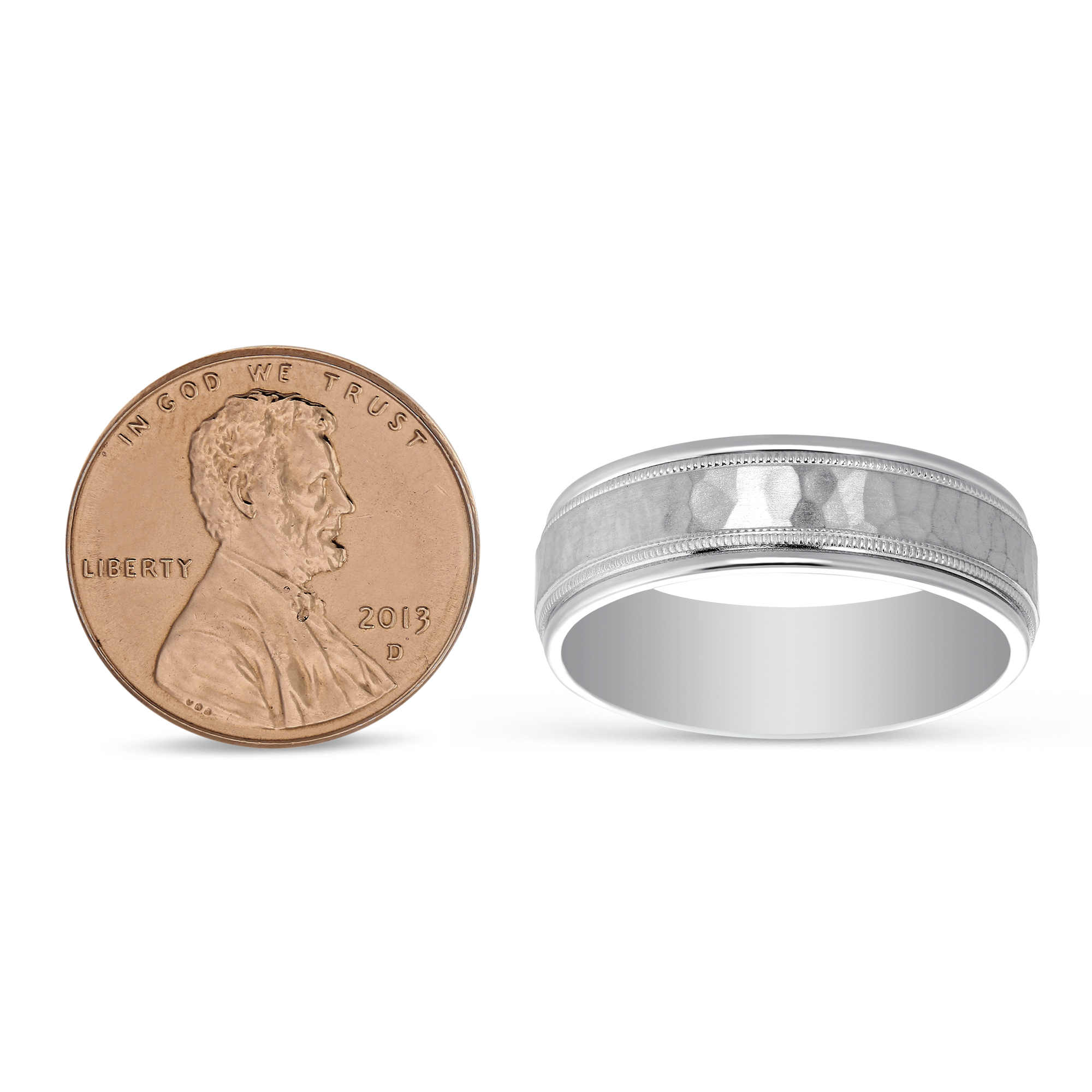 White Gold Hammered Milgrain Wedding Band, 6.5mm