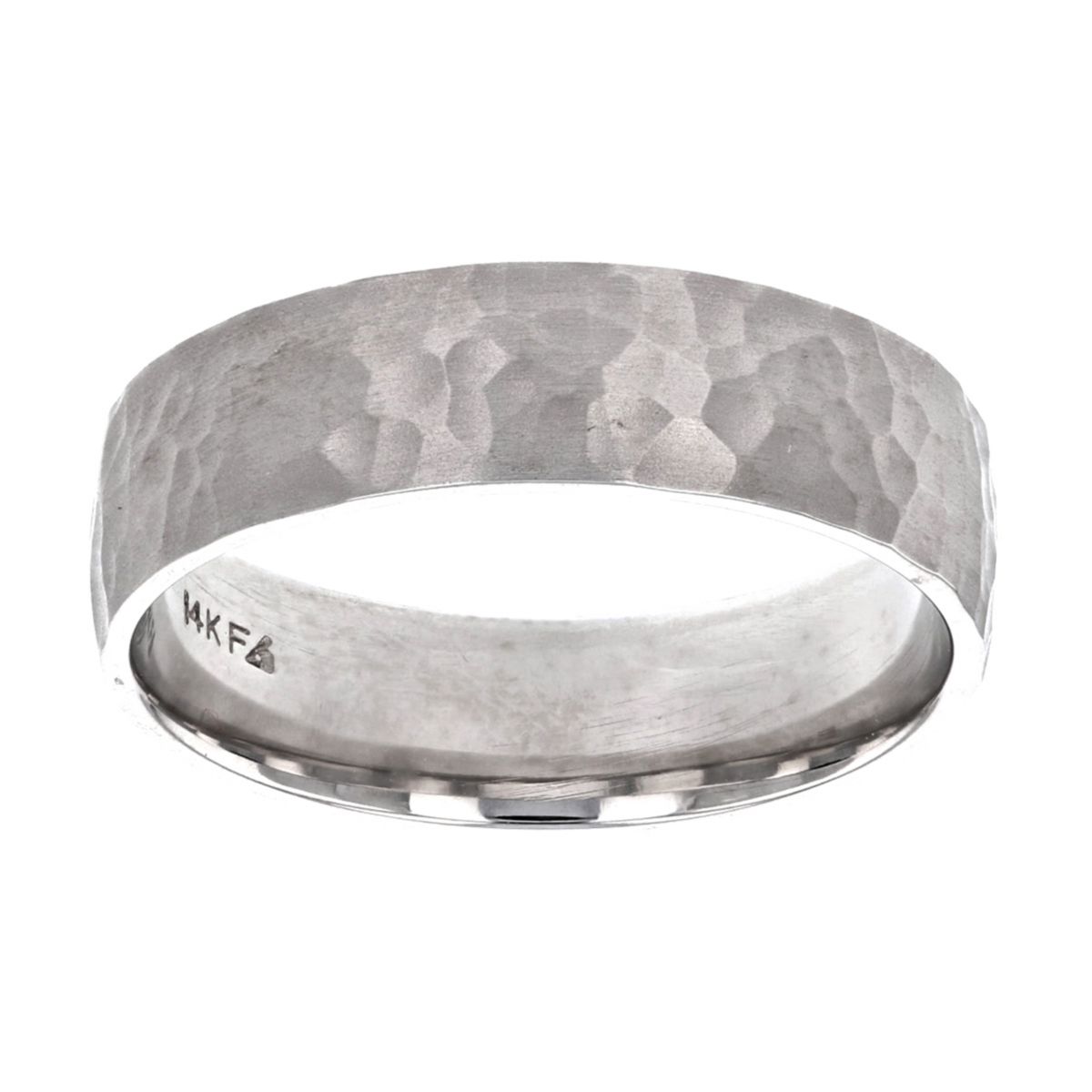 White Gold 6mm Comfort Fit Hammered Wedding Band, Size 10