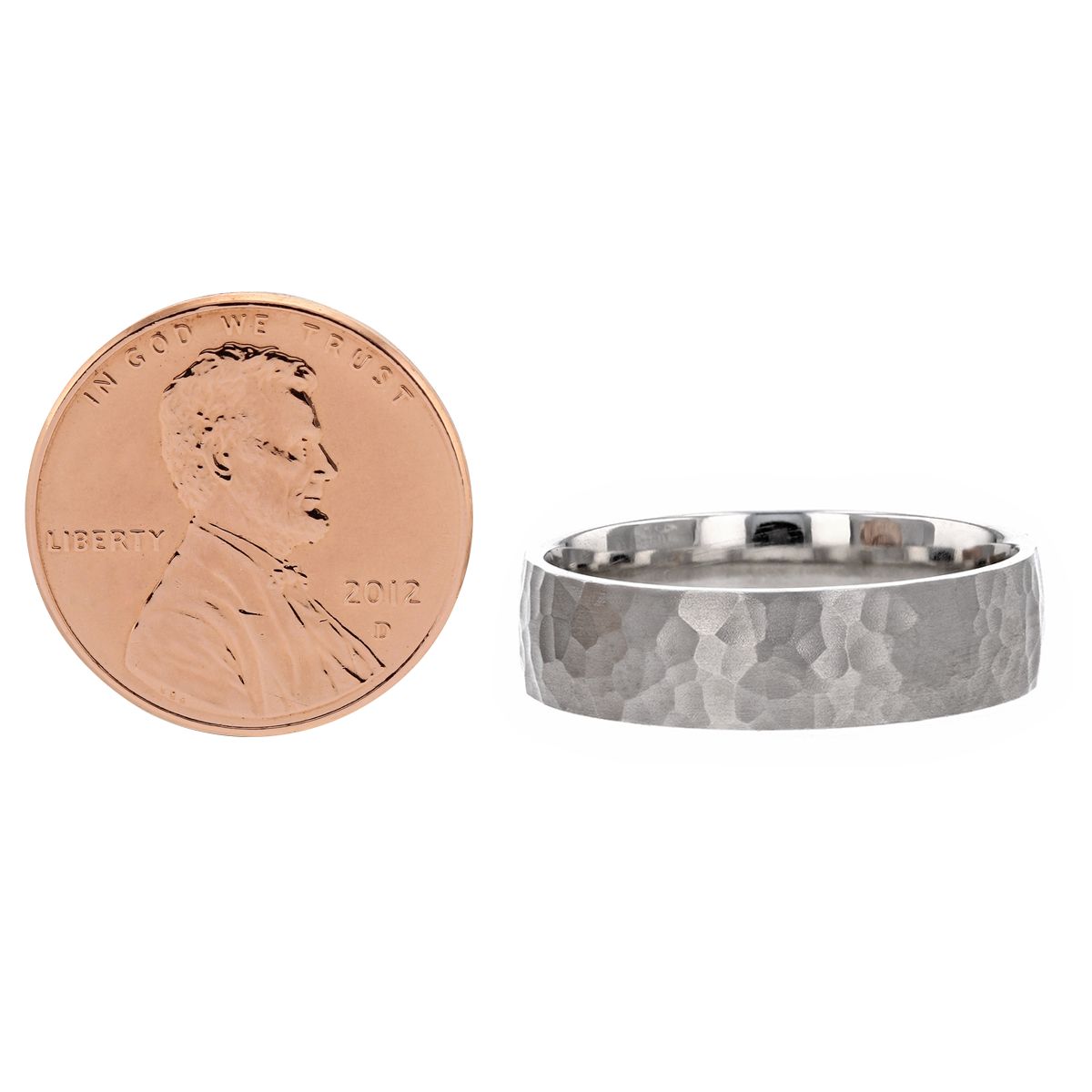 White Gold 6mm Comfort Fit Hammered Wedding Band, Size 10