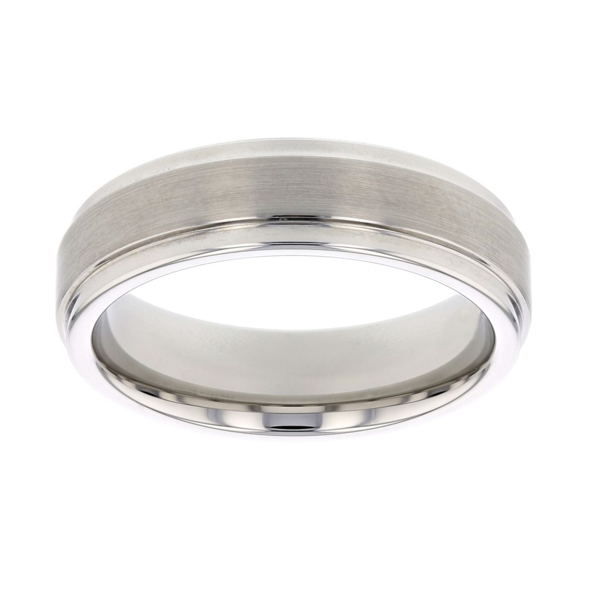 White Tungsten Step Beveled Edge Comfort Fit 6mm Wedding Band, Size 9