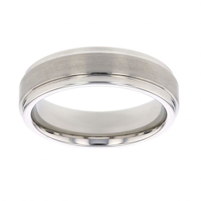 White Tungsten Step Beveled Edge Comfort Fit 6mm Wedding Band, Size 9