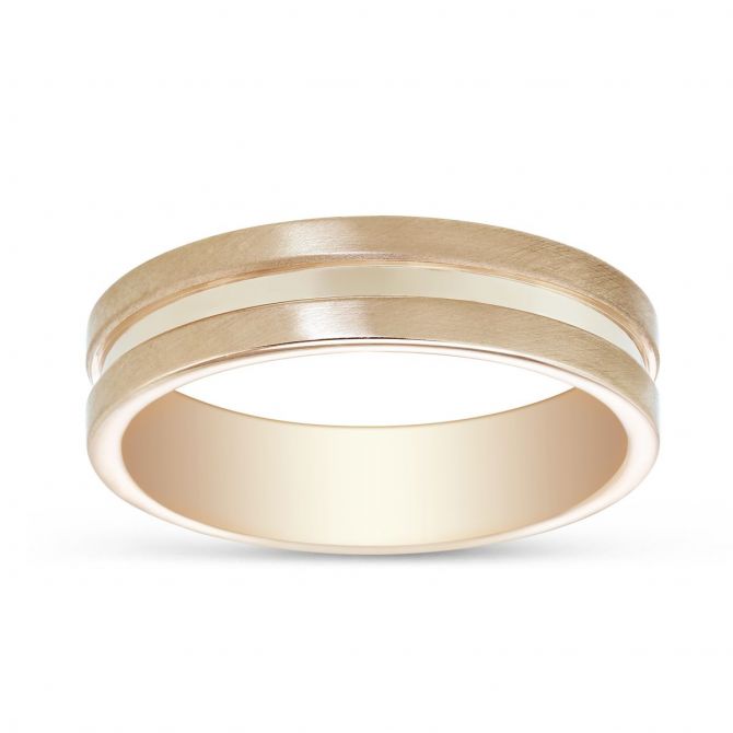 14K Rose Gold Brushed & Polished Finish Comfort Fit Wedding Band, Size 10