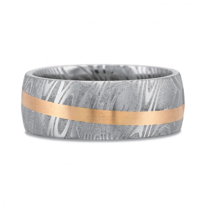 18K Rose Gold & Damascus 8mm Steel Band, Size 13.5