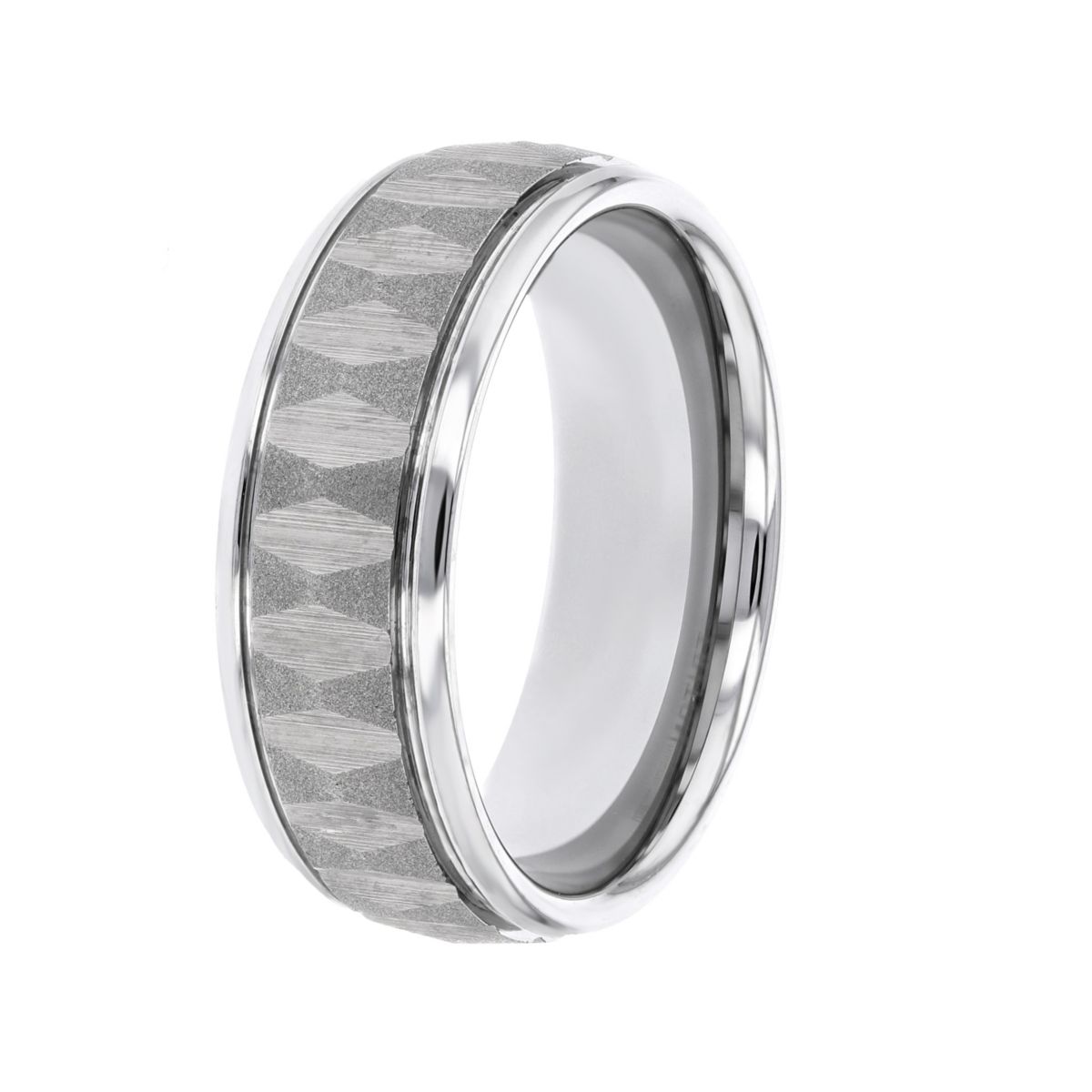 Tungsten 8mm Comfort Fit Textured Pattern Wedding Band with High Polish Edges, Size 10