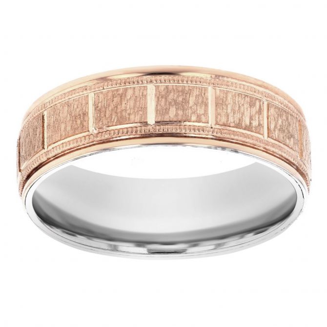 ArtCarved Rose & White Gold Textured Milgrain 6.5 mmWedding Band, Size 10