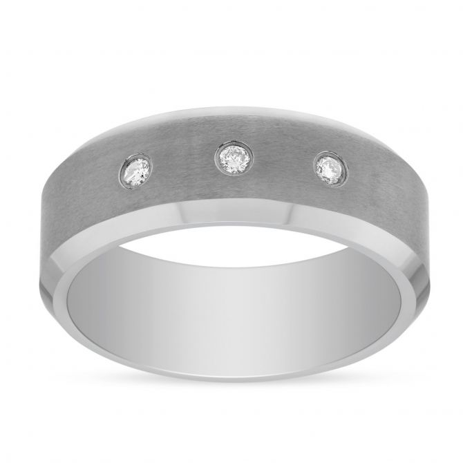Tungsten 8mm Comfort Fit 3 Diamond Inlay Matte Wedding Band, Size 10
