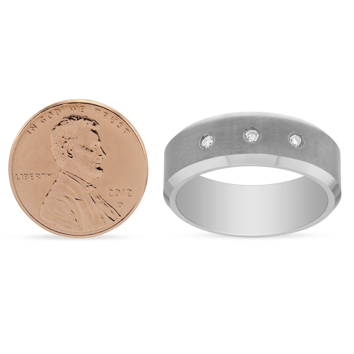 Tungsten 8mm Comfort Fit 3 Diamond Inlay Matte Wedding Band, Size 10