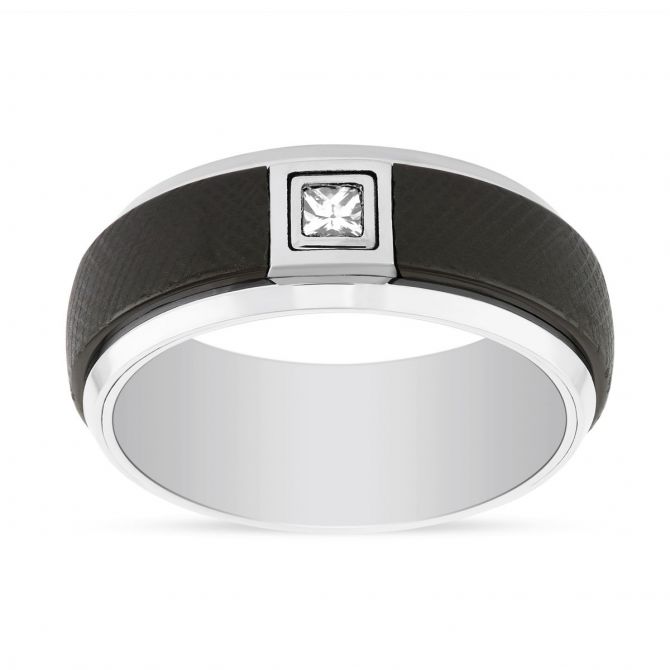 Black & White Tungsten Princess Cut Diamond Wedding Band, Size 10