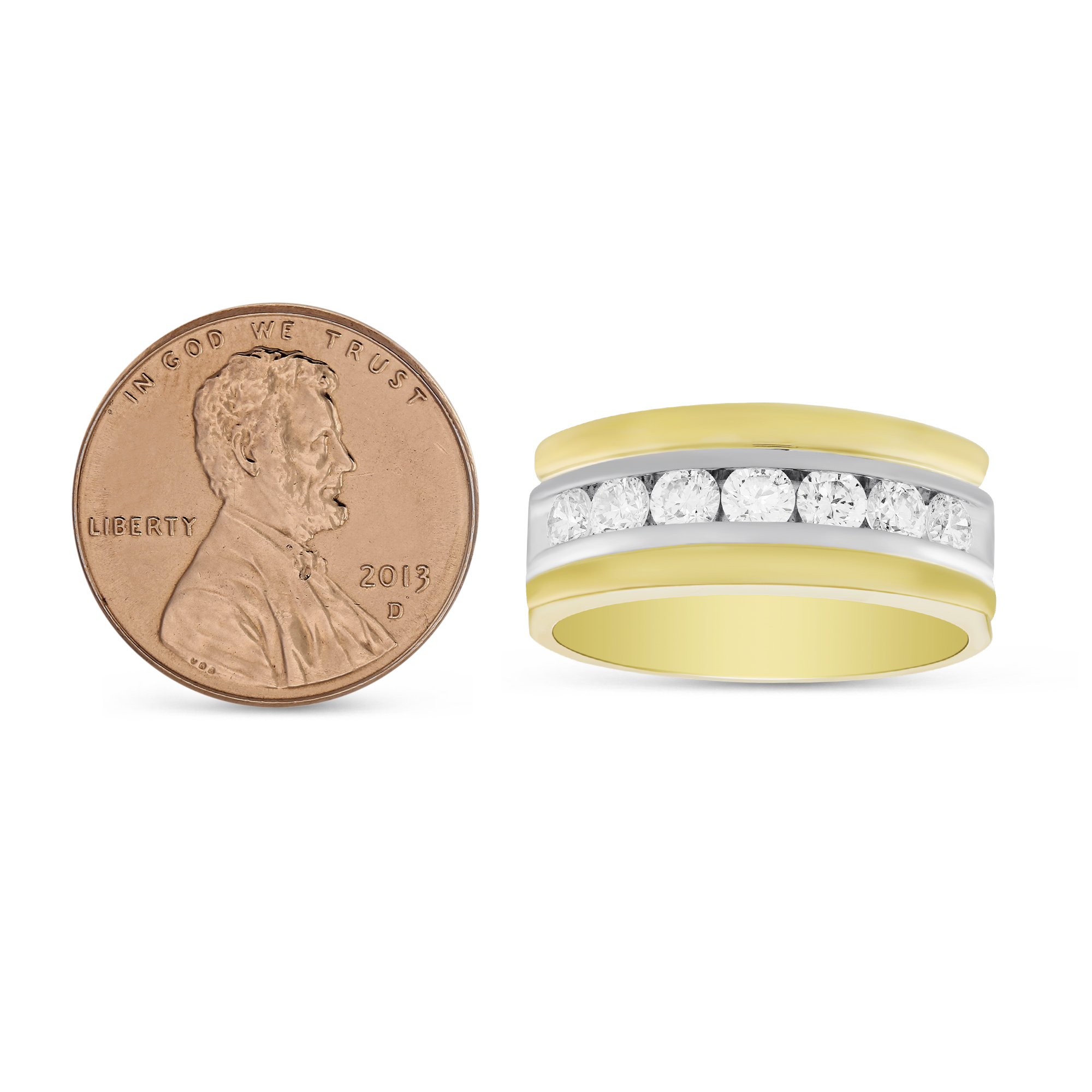 14K Yellow & White Gold Comfort Fit Channel Set Diamond Wedding Band, 9mm