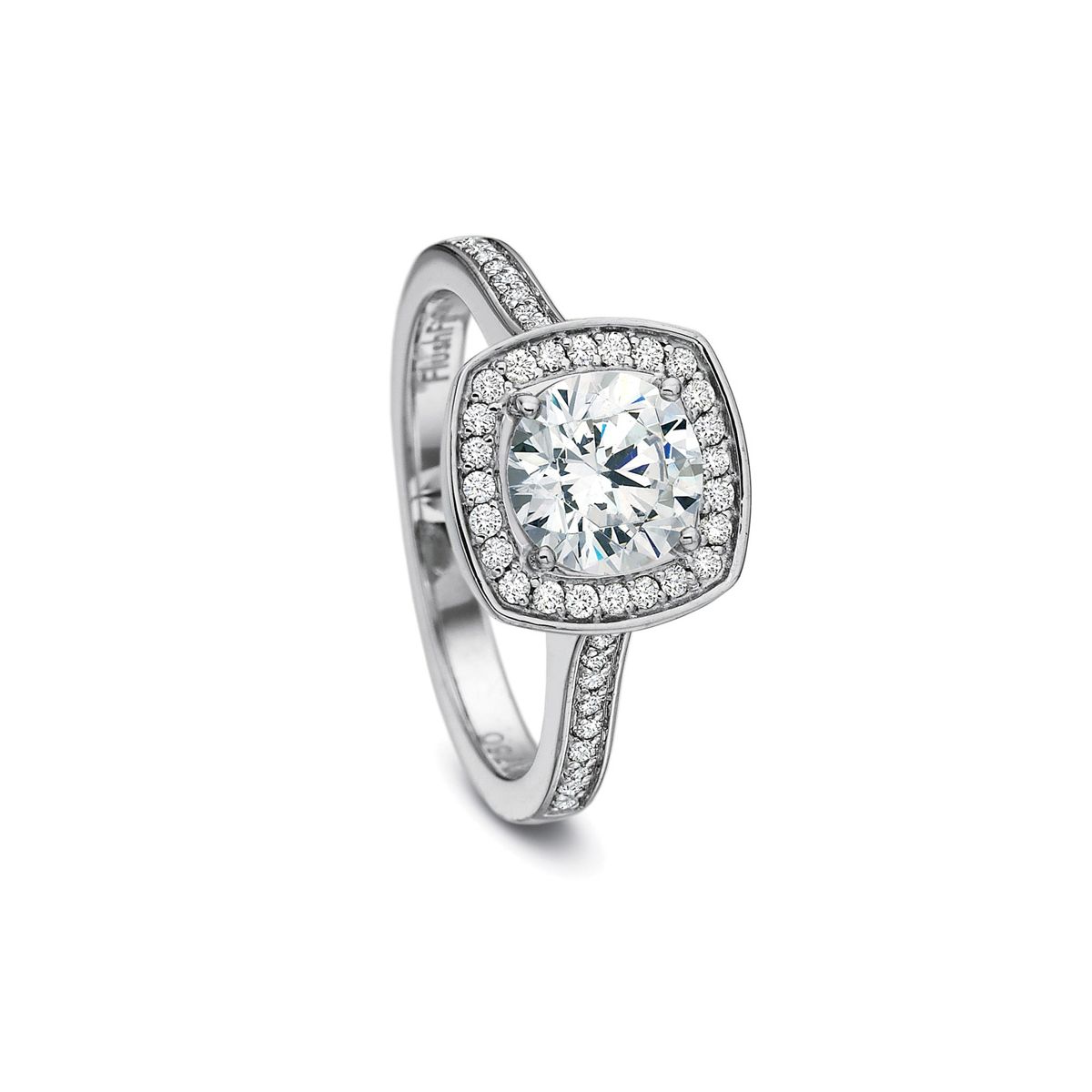 Platinum Diamond Cushion Shaped Halo & Shank Ring Setting, 0.41cttw