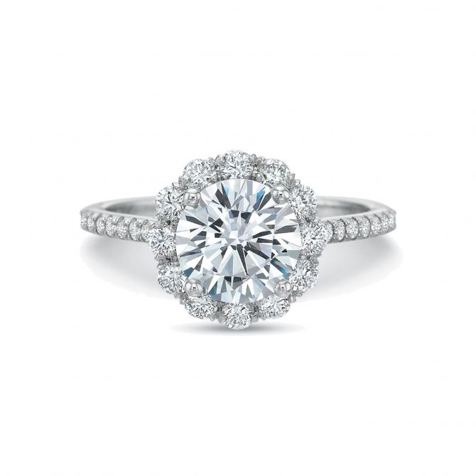 18K White Gold Diamond Halo Ring Setting With Floral Gallery, 0.70cttw