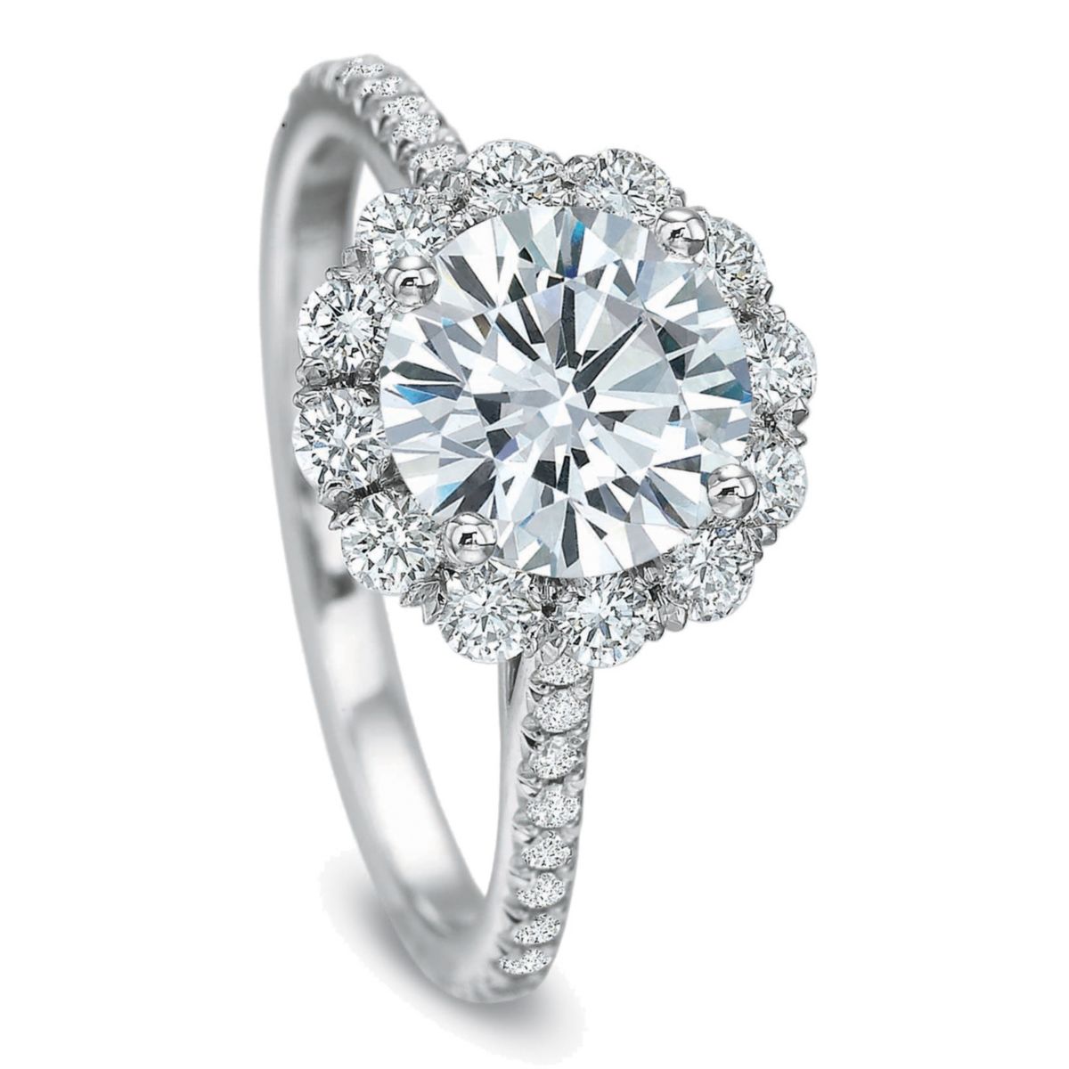 18K White Gold Diamond Halo Ring Setting With Floral Gallery, 0.70cttw