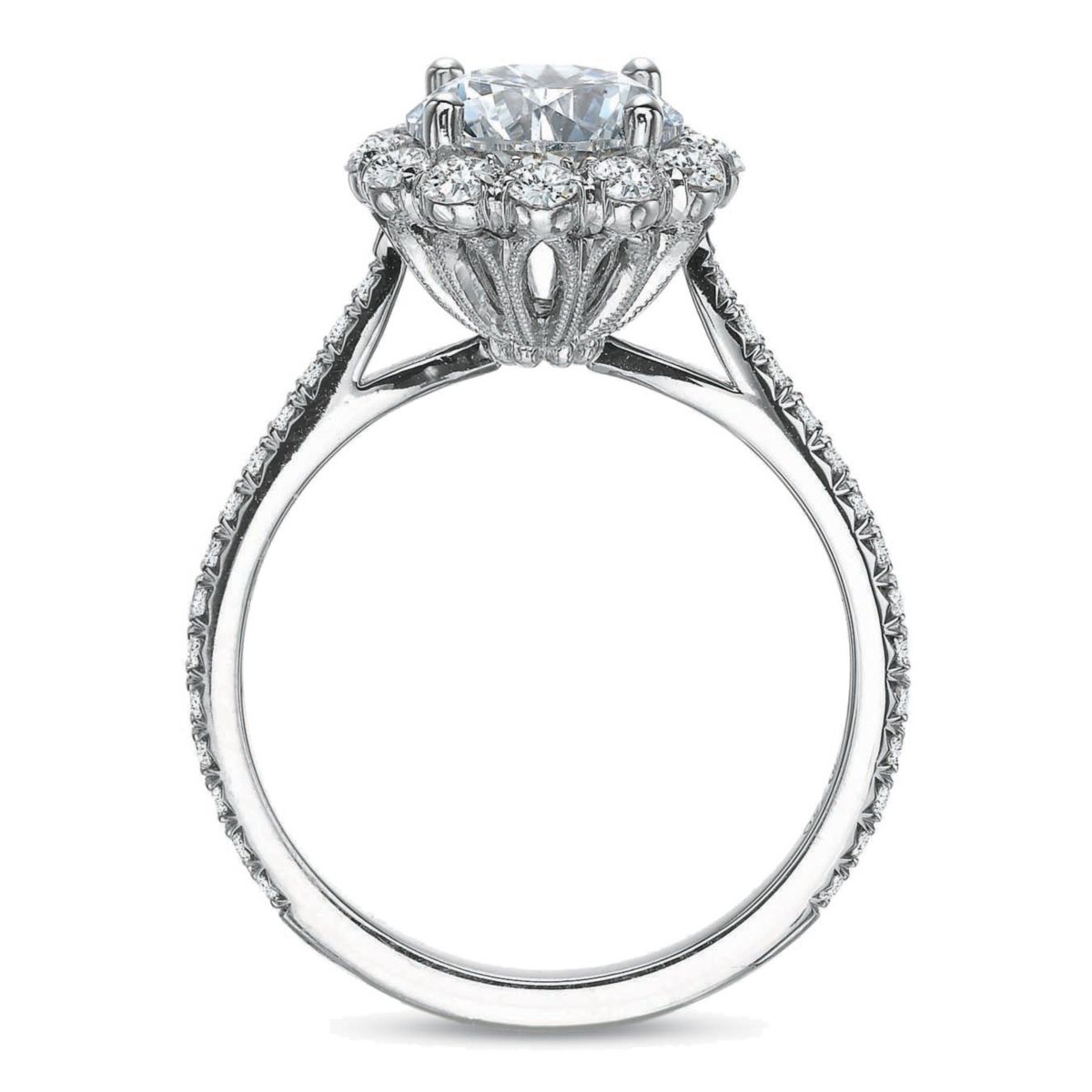 18K White Gold Diamond Halo Ring Setting With Floral Gallery, 0.70cttw