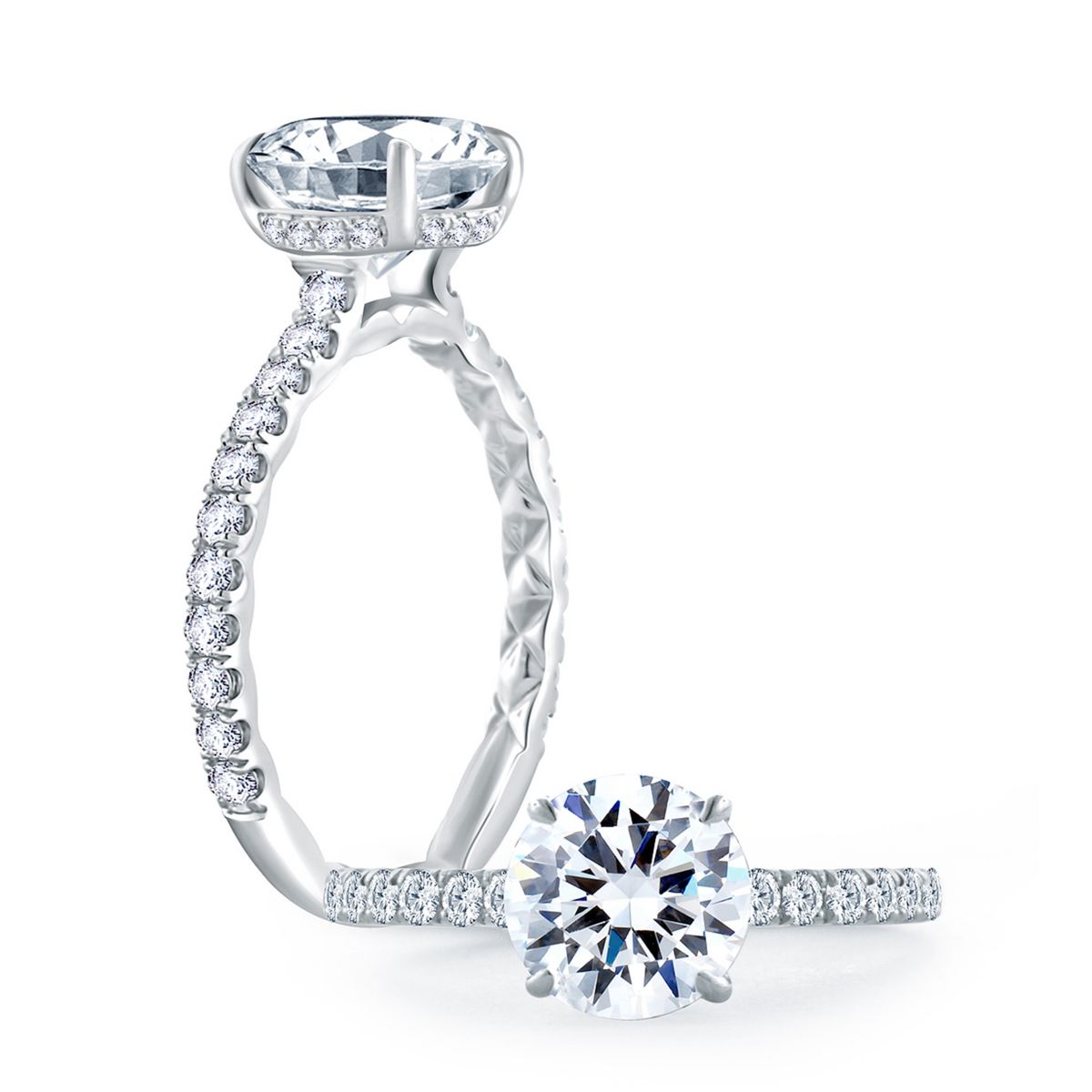 A. Jaffe 18K White Gold Statement Round Quilted Engagement Ring Setting, 0.44aptw