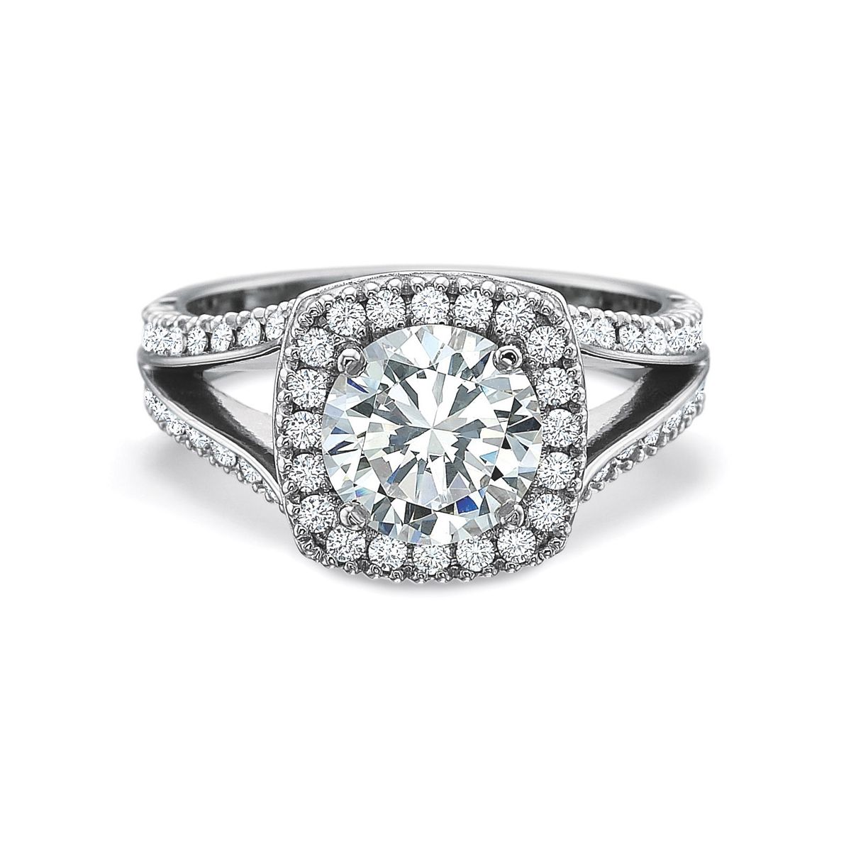 14K White Gold Diamond Halo and Split Shank Ring Setting