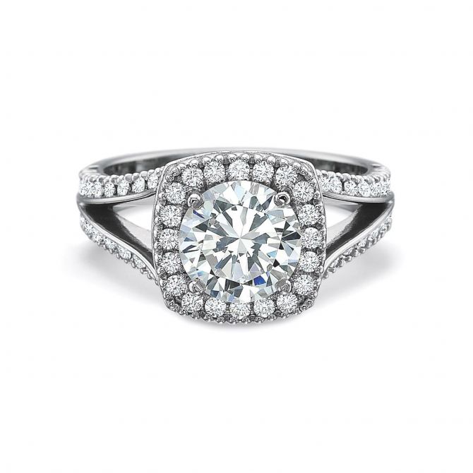14K White Gold Diamond Halo and Split Shank Ring Setting