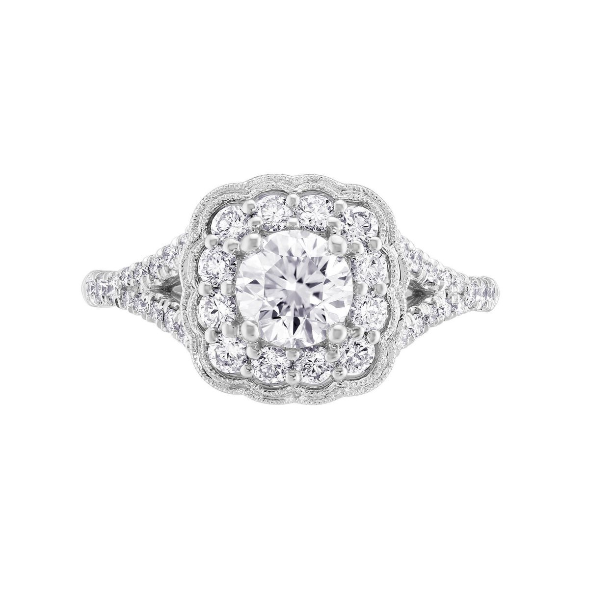 14K White Gold Diamond Halo Split Shank Setting With Scalloped Milgrain Edge, 0.69cttw
