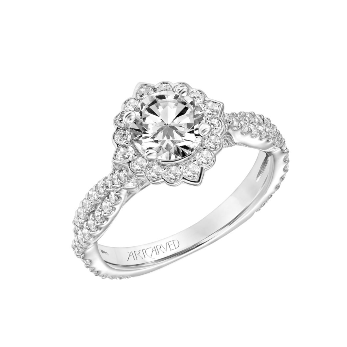 ArtCarved Diamond Halo and Twisted Shank Ring Setting in White Gold, 0.71aptw