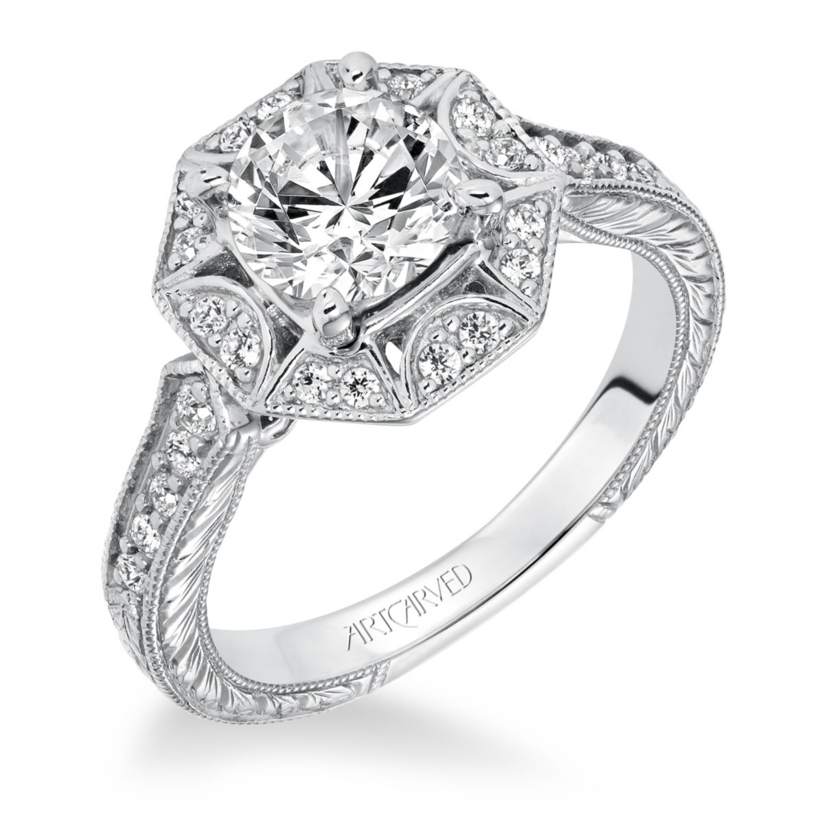 ArtCarved Diamond Octagon Halo Ring Setting in White Gold, 0.28 aptw