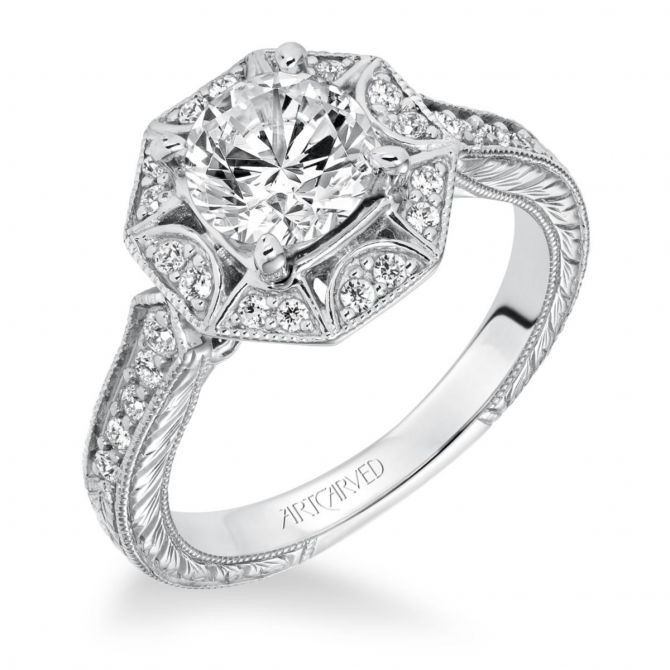 ArtCarved Diamond Octagon Halo Ring Setting in White Gold, 0.28 aptw