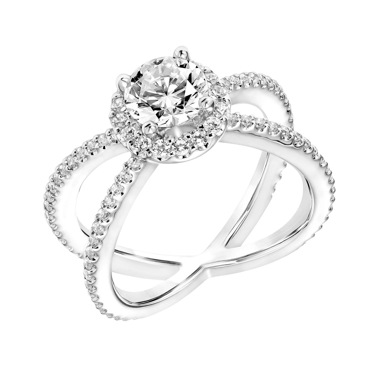 14K White Gold Diamond Halo With X-Shape Diamond Shank Ring Setting