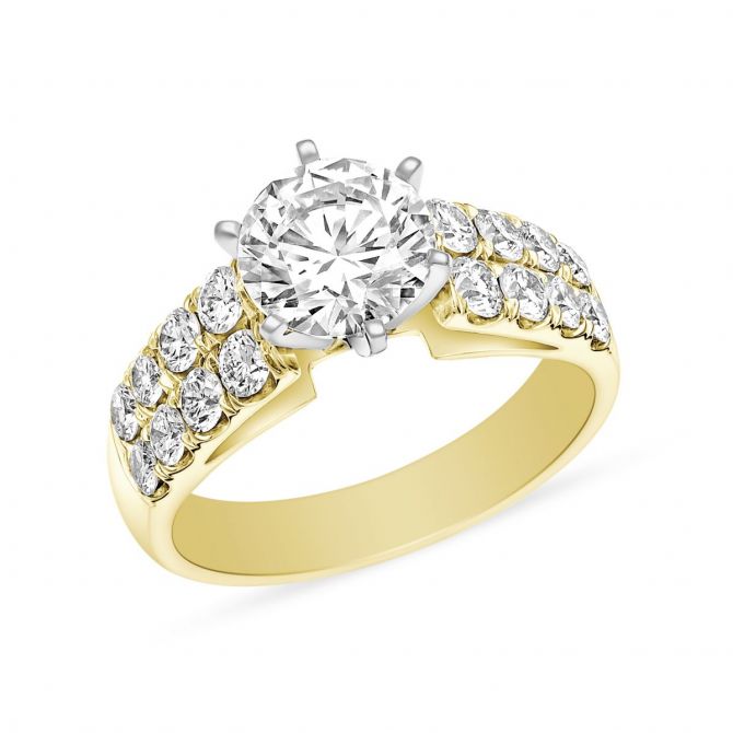14K Yellow Gold Diamond 2 Row Ring Setting for Round Center Diamond