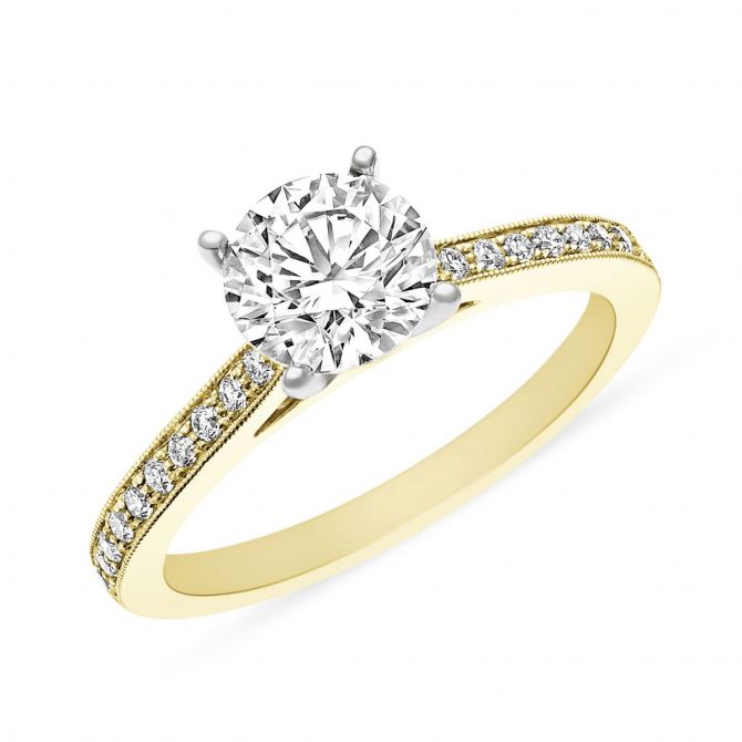 14K Yellow Gold Diamond Fine Milgrain Ring Setting for Round Center Diamond