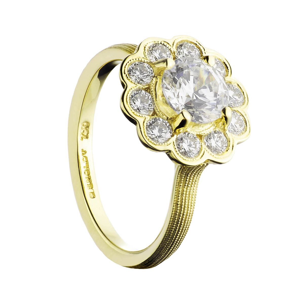 Yellow Gold Diamond Flower Halo Milgrain Lynden Ring Setting