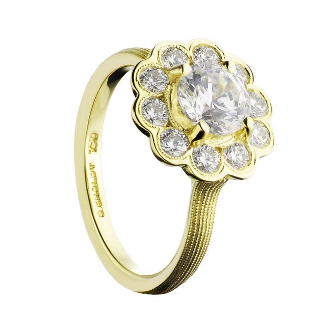 Yellow Gold Diamond Flower Halo Milgrain Lynden Ring Setting