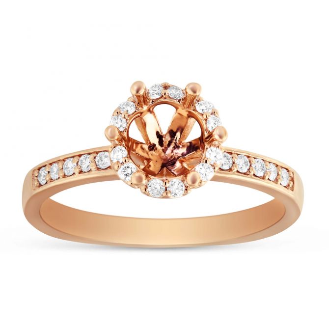 14K Rose Gold Diamond Halo Ring Setting for 1.00ct Center Diamond