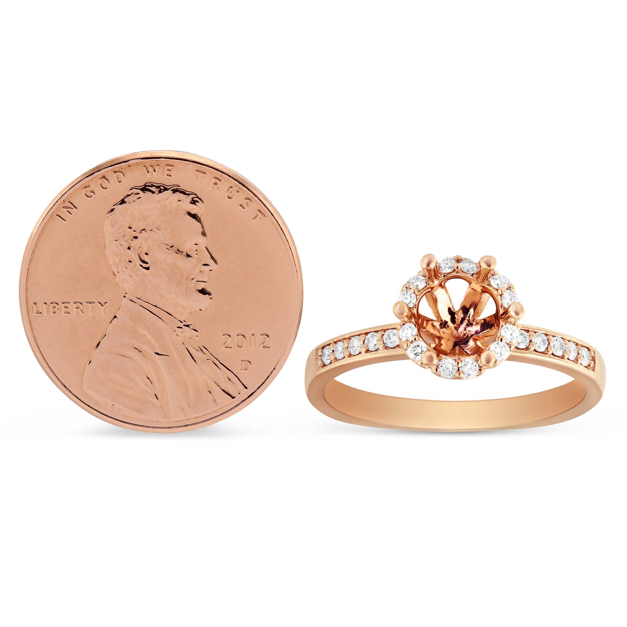 14K Rose Gold Diamond Halo Ring Setting for 1.00ct Center Diamond