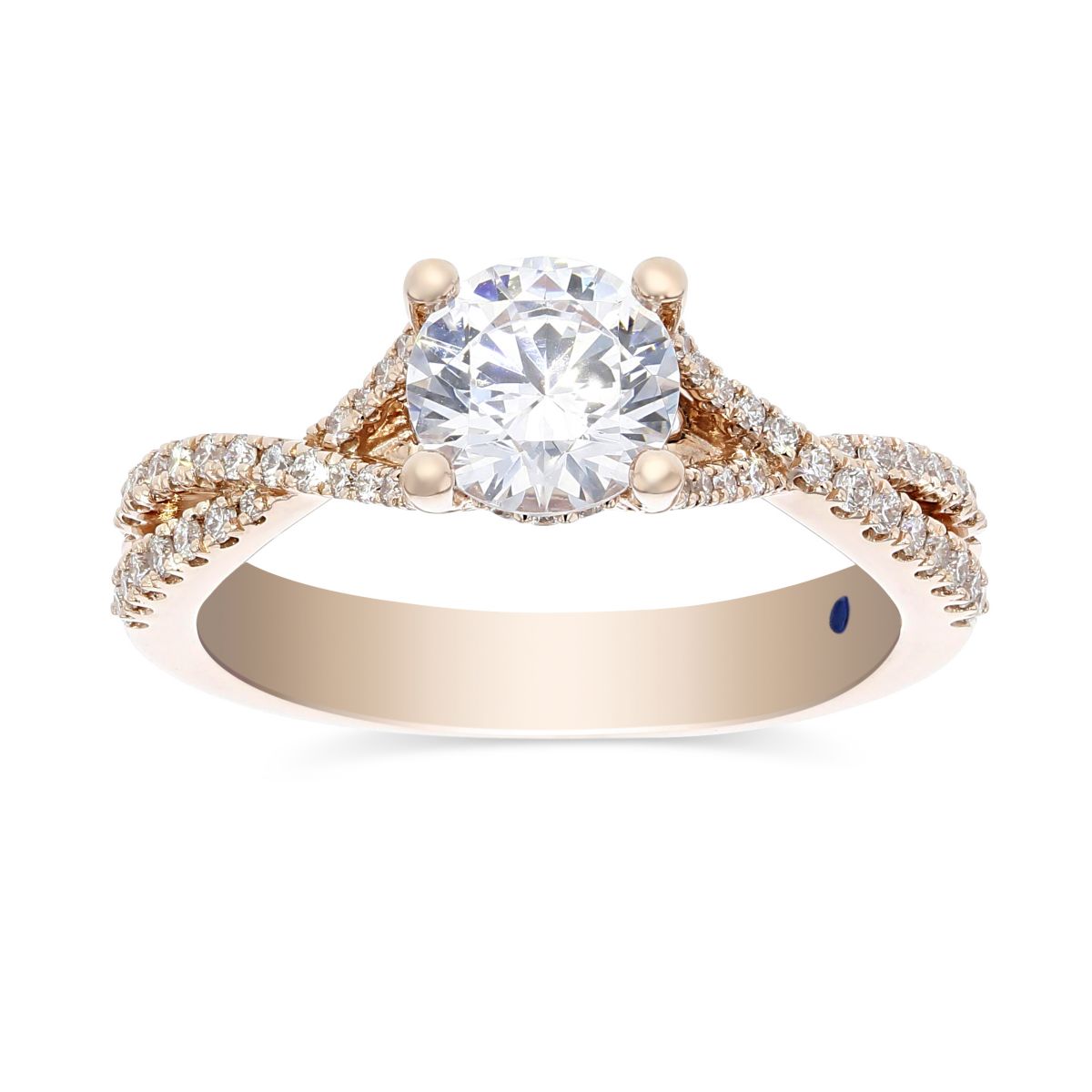 14K Rose Gold Diamond Crossed Split Shank Ring Setting with Gallery for Round 1.00ct Center Diamond