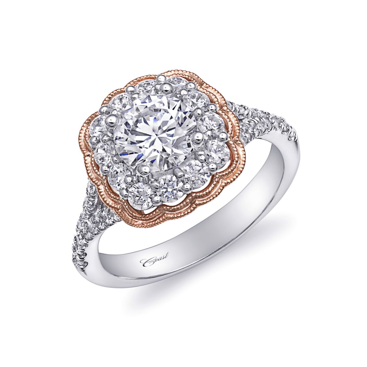 14K Rose And White Gold Floral Shaped Diamond Halo Ring Setting
