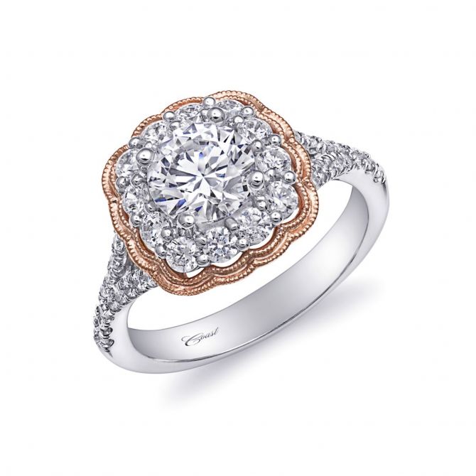 14K Rose And White Gold Floral Shaped Diamond Halo Ring Setting