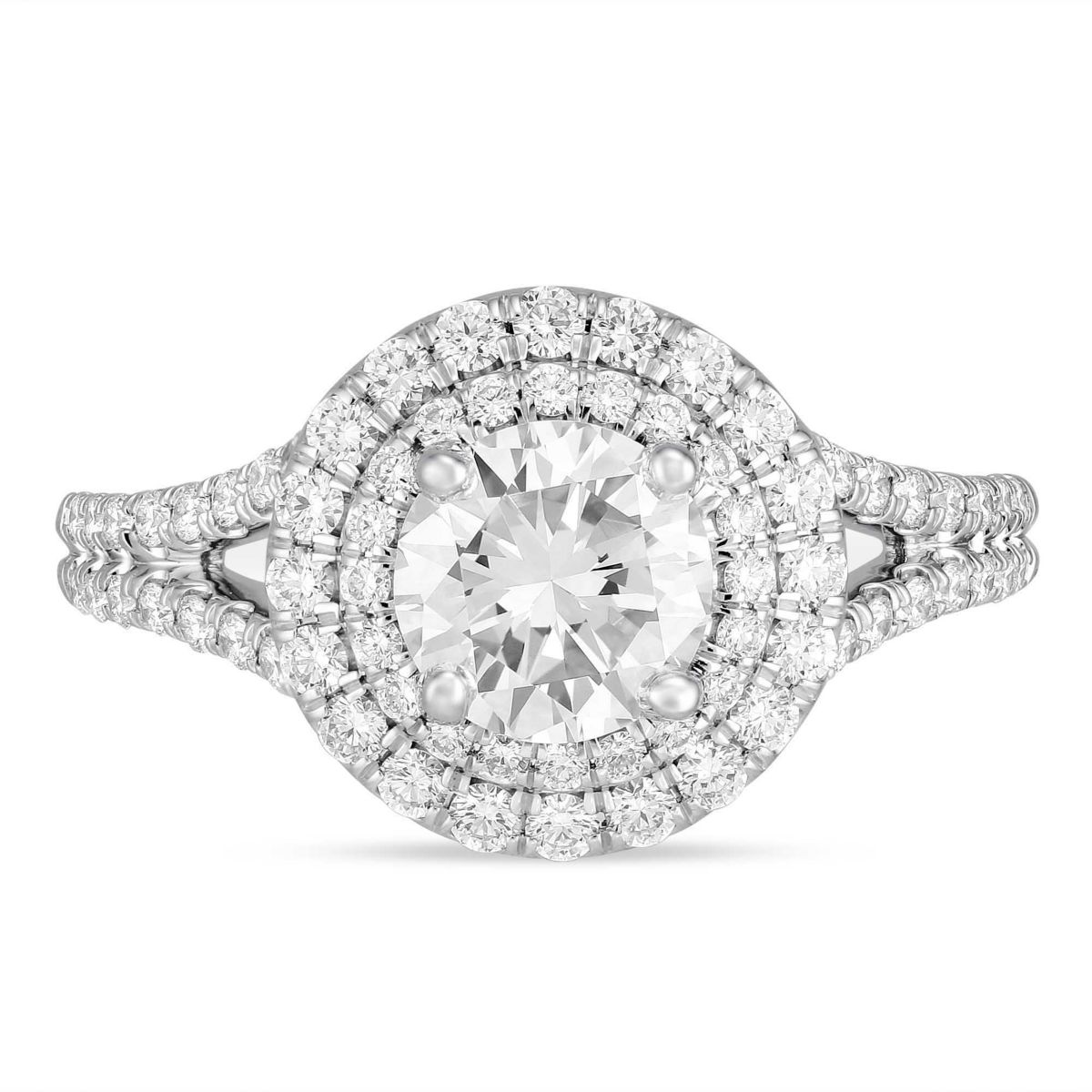14K White Gold Round Diamond Ring with Double Halo & Split Shank, 0.47 ct