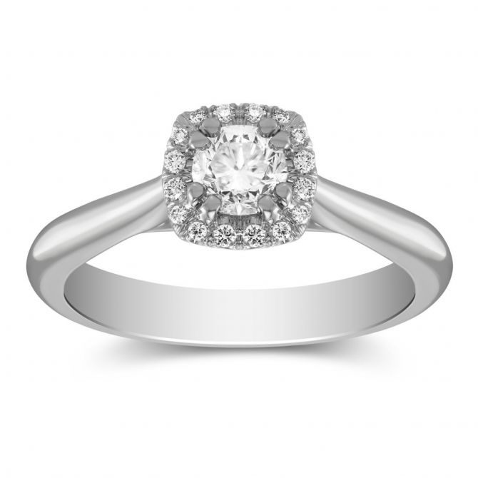 14K White Gold Diamond Ring with Cushion Halo, 0.40 ct