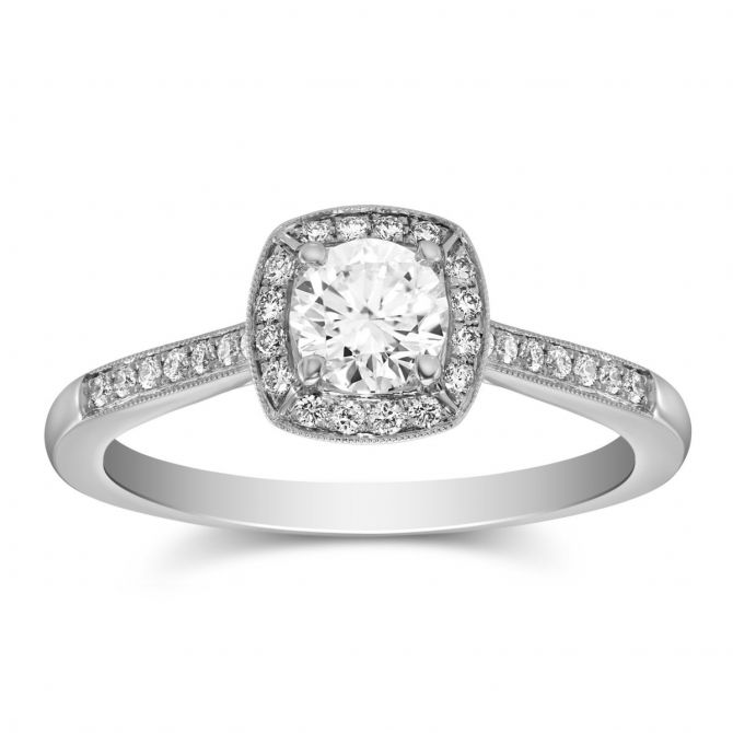 14K White Gold Diamond Ring with Milgrain Cushion Halo & Shank, 0.42 ct