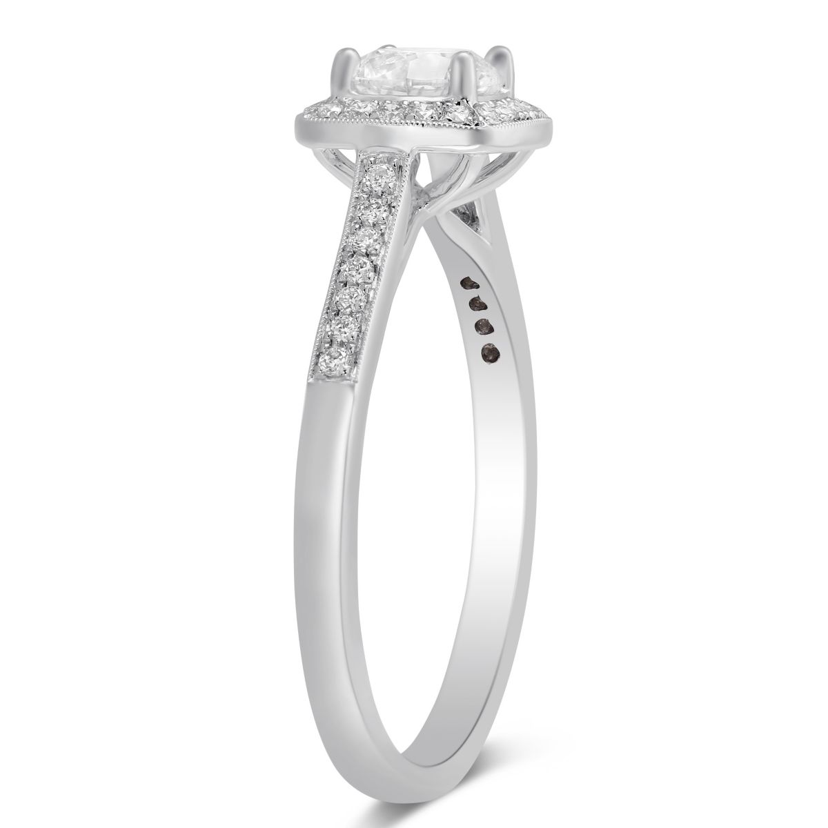 14K White Gold Diamond Ring with Milgrain Cushion Halo & Shank, 0.42 ct