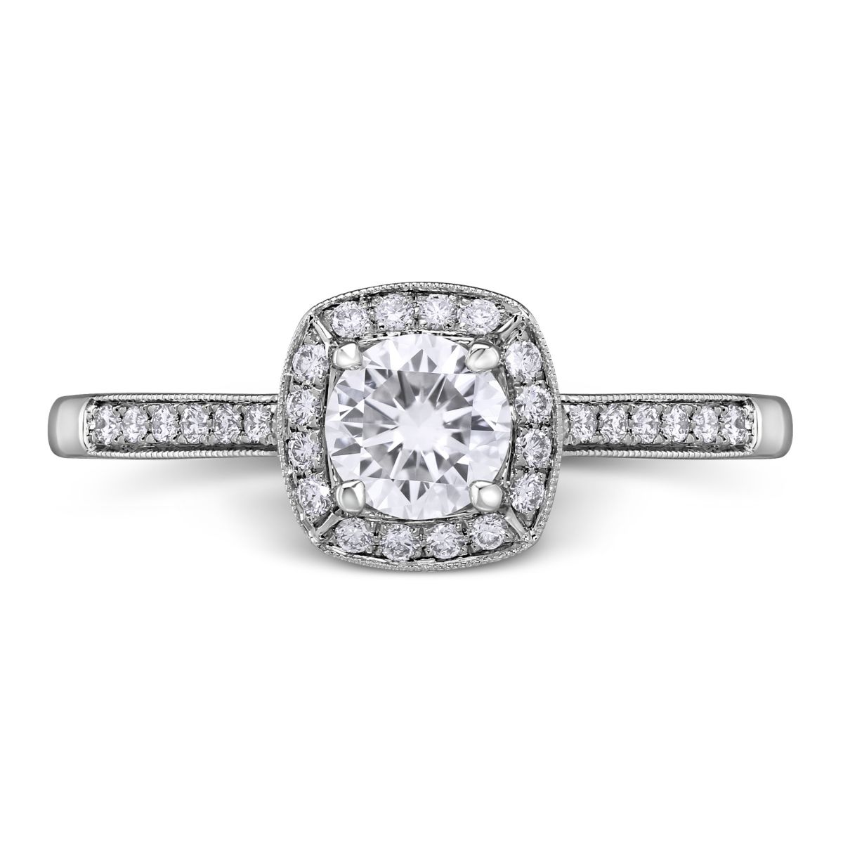 14K White Gold Diamond Ring with Milgrain Cushion Halo & Shank, 0.42 ct
