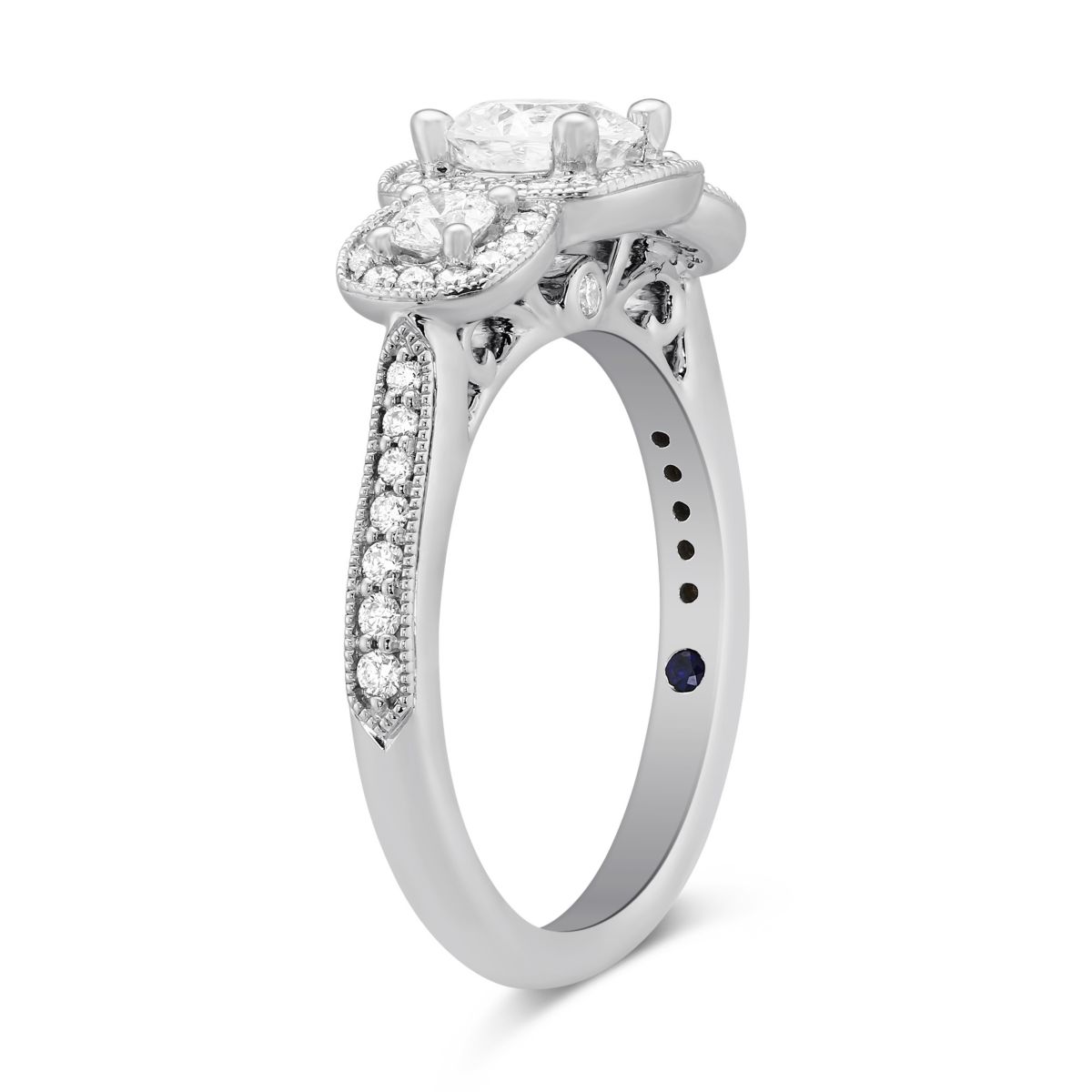 14K White Gold Diamond 3 Stone Milgrain Cushion Halo Ring, 0.63 ct