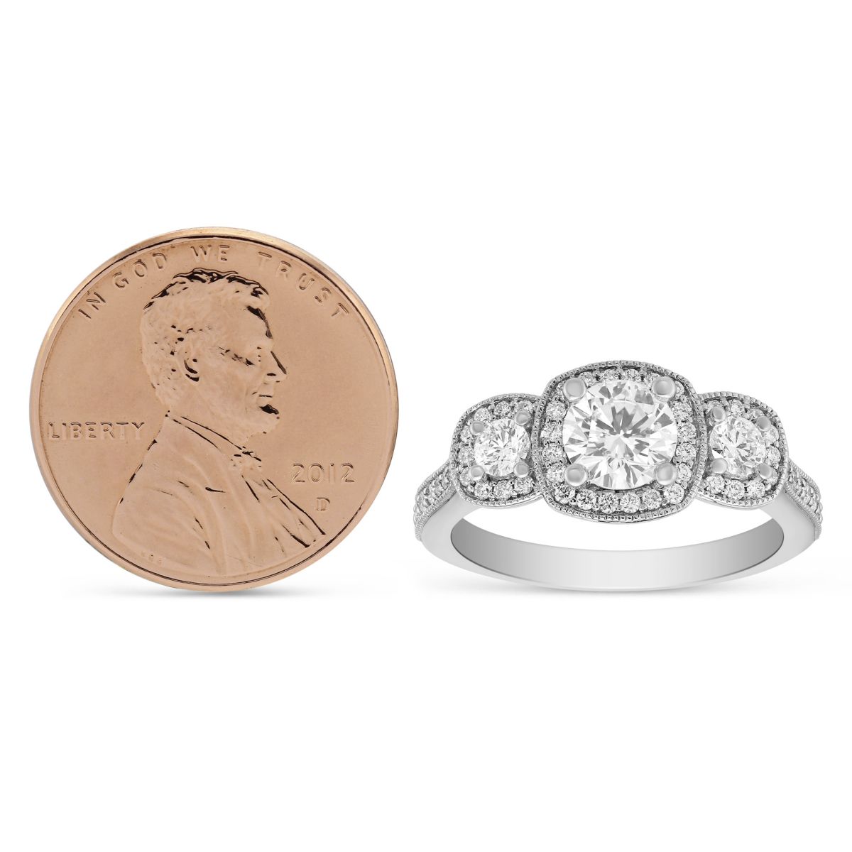 14K White Gold Diamond 3 Stone Milgrain Cushion Halo Ring, 0.63 ct