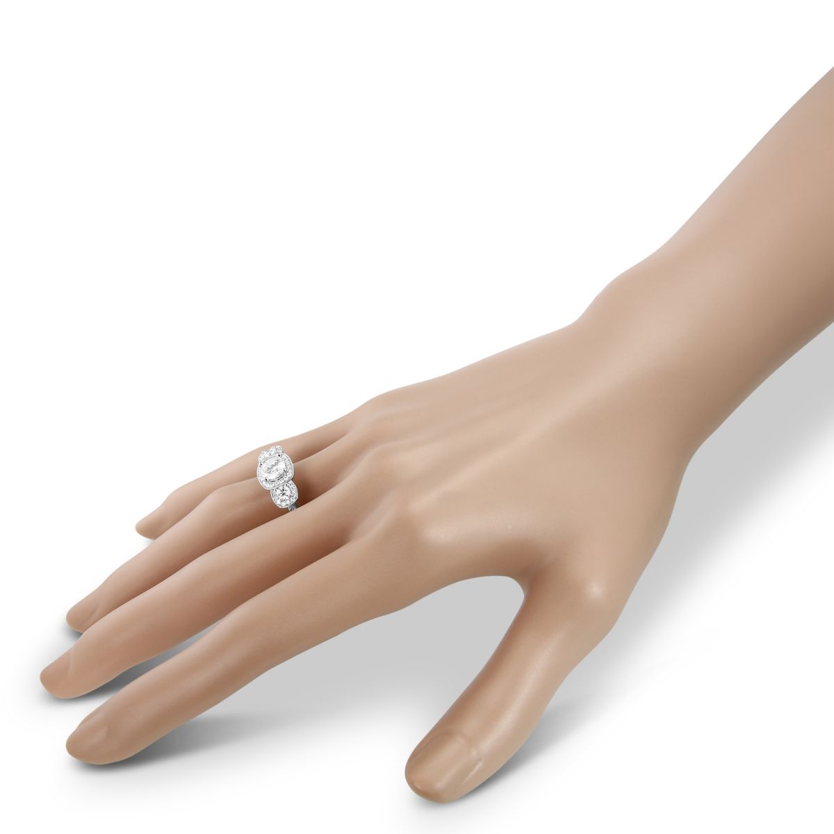 14K White Gold Diamond 3 Stone Milgrain Cushion Halo Ring, 0.63 ct