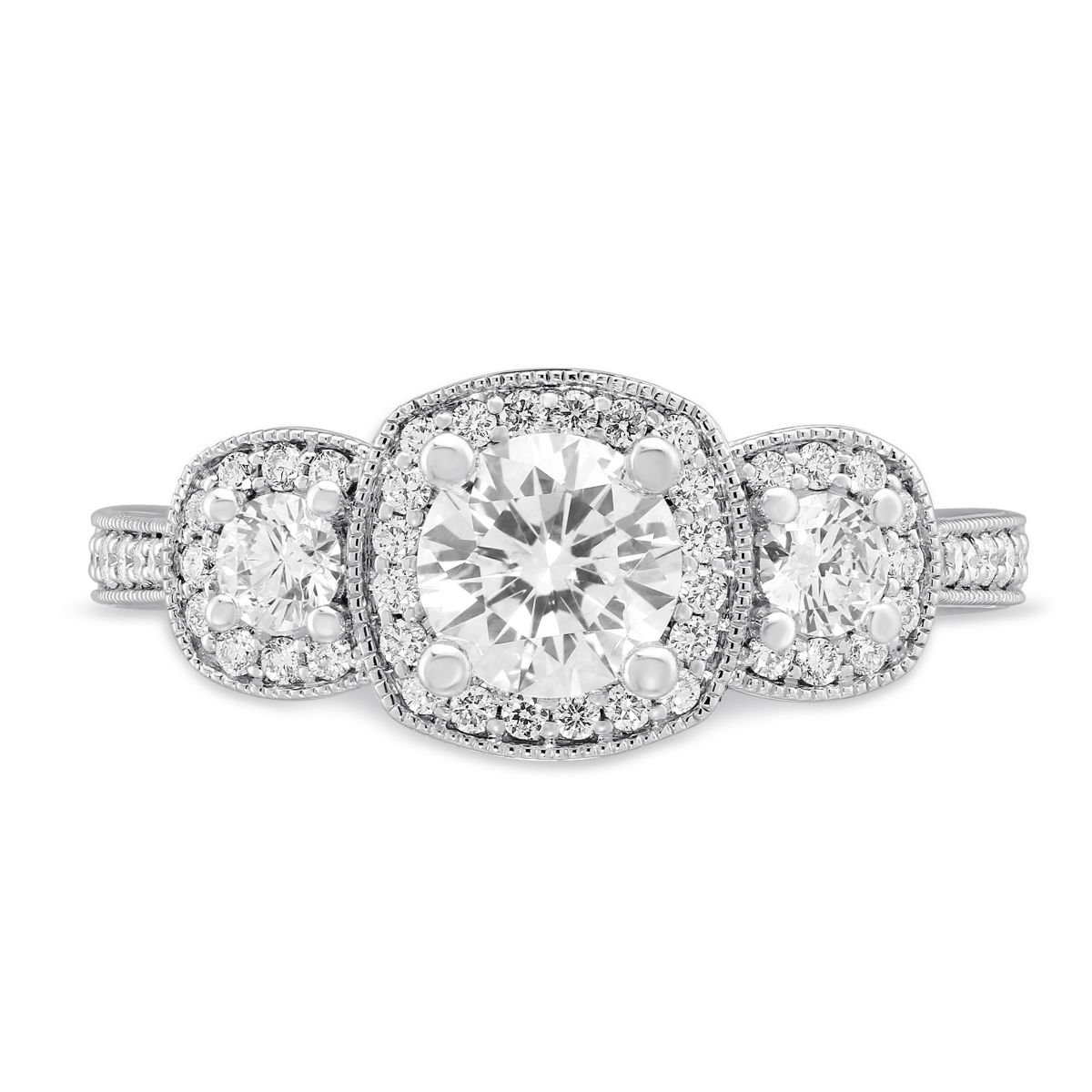 14K White Gold Diamond 3 Stone Milgrain Cushion Halo Ring, 0.63 ct