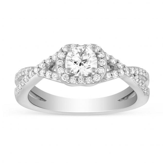 White Gold Diamond Engagement Ring with Diamond Cushion Halo & Twisted Shank, 0.53 ct