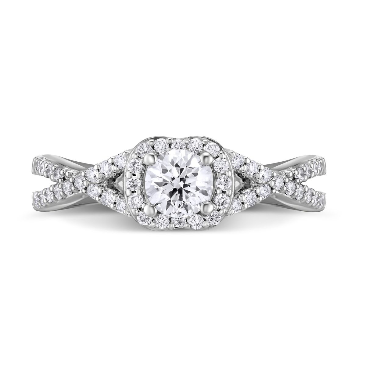 14K White Gold Diamond Ring with Diamond Cushion Halo & Twisted Shank, 0.63 ct