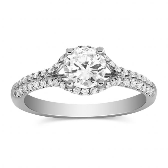 White Gold Diamond Engagement Ring with Joined Diamond Halo & 2 Row Shank, 0.61 ct