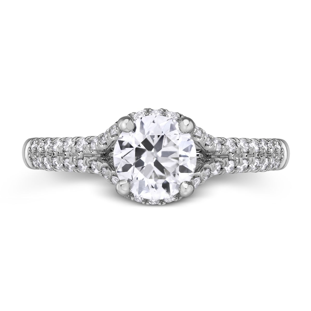 White Gold Diamond Engagement Ring with Joined Diamond Halo & 2 Row Shank, 0.61 ct