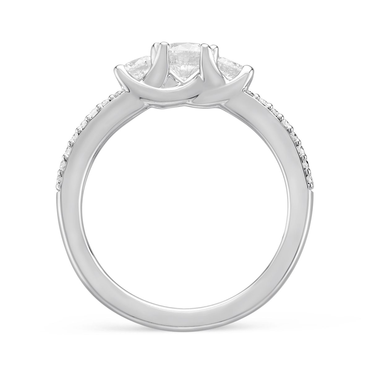 White Gold 3 Stone Diamond Engagement Ring with 2 Row Shank and Ornamental Prong, 0.55 ct