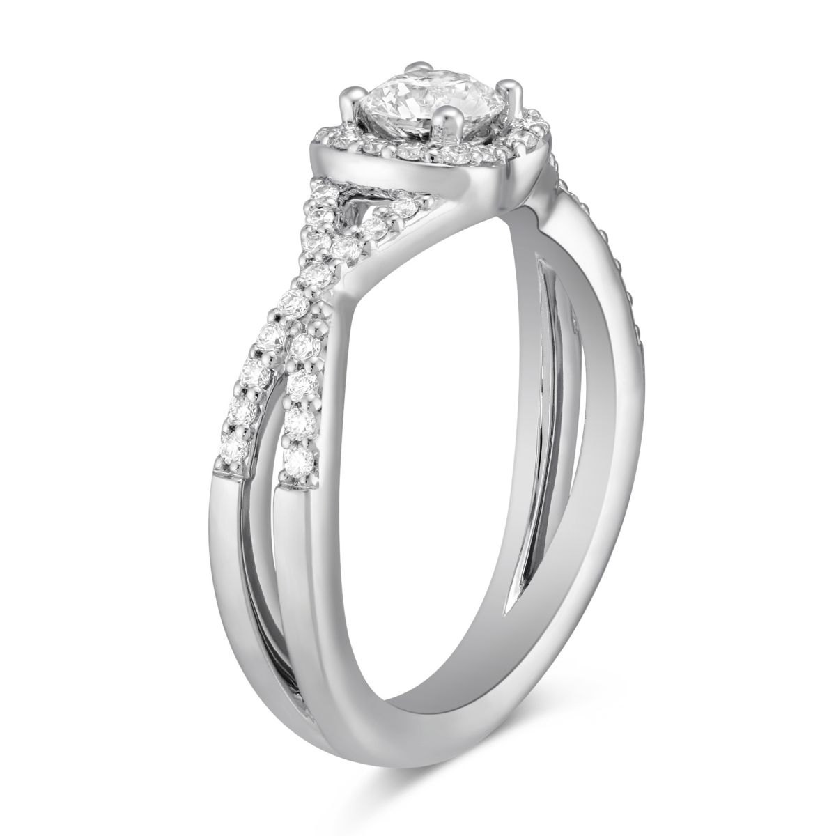 14K White Gold Diamond Ring with Diamond Cushion Halo & Twisted Shank, 0.61 ct